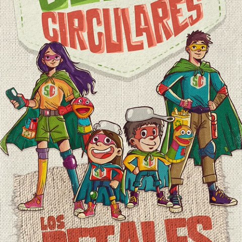 cartel promocional donde aparecen supercirculares pequeños y mayores con el logo, el lema 2024 y juguetes hechos con retales, bolsos, etc