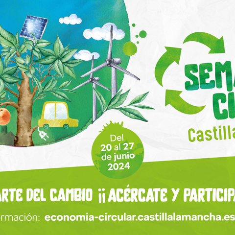 cartel de semana circular con un arbolito con elementos circulares