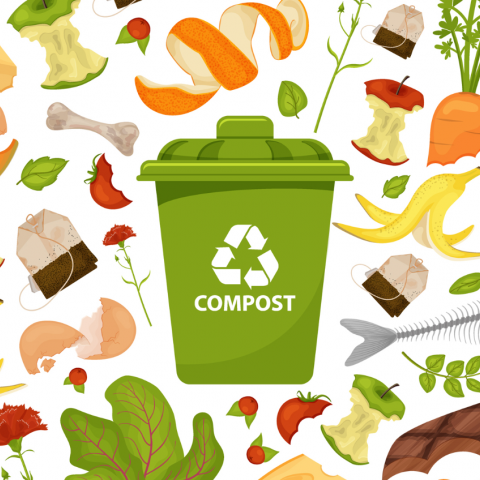 imagen del plan contra el desperdicio alimentario consistente en un contenedor que pone compost y, alrededor, restos de alimentos