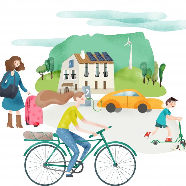 mujer con maletas, casa con placas, molino, coche enchufado, mujer en bici, niño en patinete