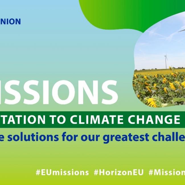 cartel de mision del clima de la UE en la que se ve una mujer con un portátil en un campo de girasoles con algunos aerogeneradores