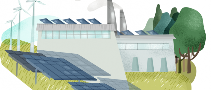 Industria con placas solares y molinos eólicos