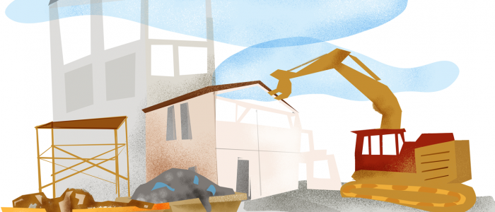 dibujo de mixta con la pinza rompiendo edificios y contenedores diferenciados de residuos