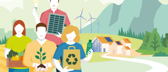varios dibujos de personas con un fondo de rural donde se potencia el consumo de cercanía, la repoblación, los productos reciclados y el uso de energías renovables