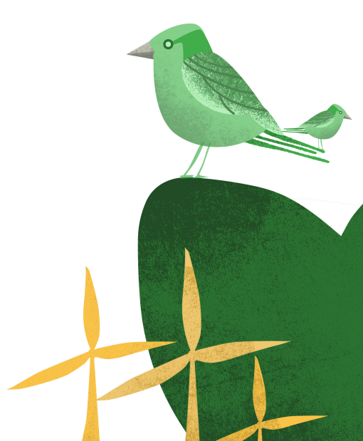 pajarito verde con molinos