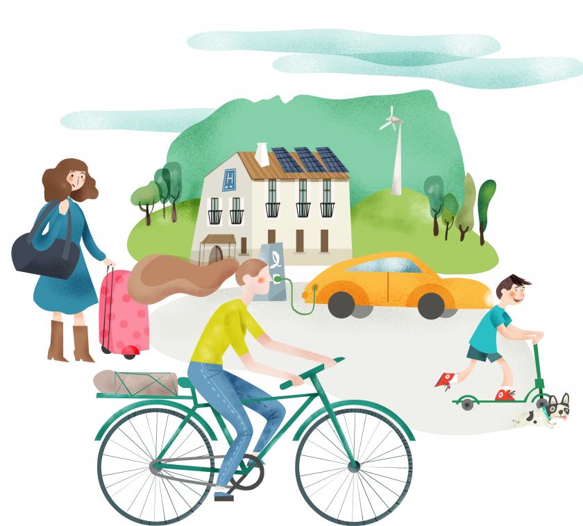 mujer con maletas, casa con placas, molino, coche enchufado, mujer en bici, niño en patinete