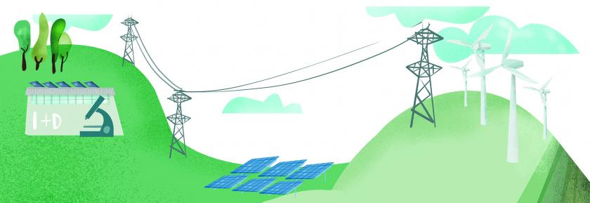 medio natural con placas solares, parque eolico y centro de investigacion