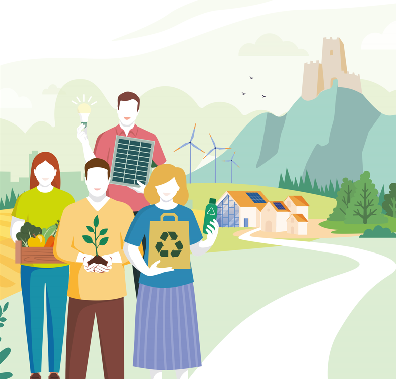 varios dibujos de personas con un fondo de rural donde se potencia el consumo de cercanía, la repoblación, los productos reciclados y el uso de energías renovables