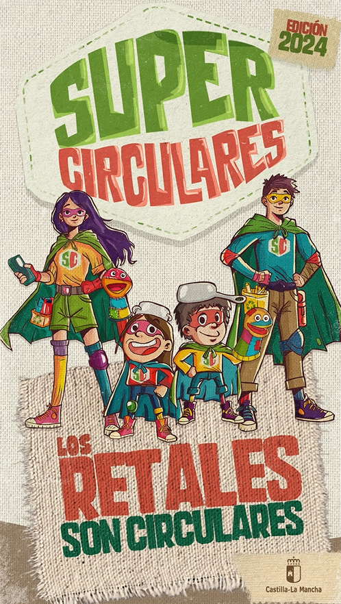 cartel promocional donde aparecen supercirculares pequeños y mayores con el logo, el lema 2024 y juguetes hechos con retales, bolsos, etc