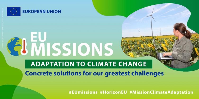 cartel de mision del clima de la UE en la que se ve una mujer con un portátil en un campo de girasoles con algunos aerogeneradores