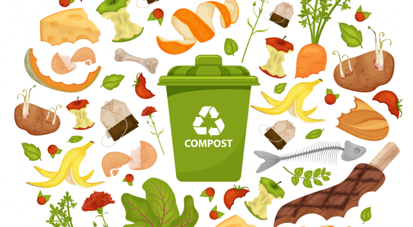 imagen del plan contra el desperdicio alimentario consistente en un contenedor que pone compost y, alrededor, restos de alimentos